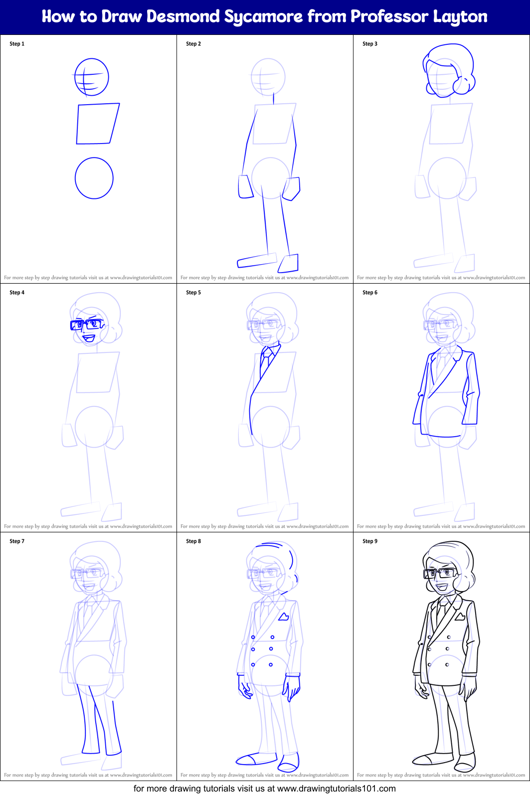 How to Draw Desmond Sycamore from Professor Layton Printable Step by Step