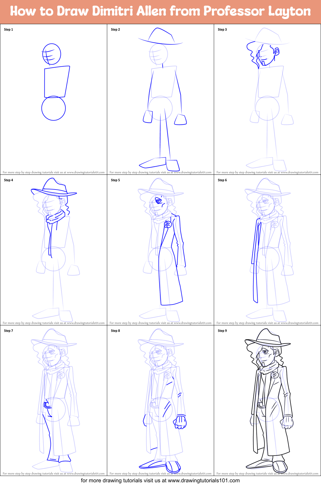 How to Draw Dimitri Allen from Professor Layton Printable Step by Step