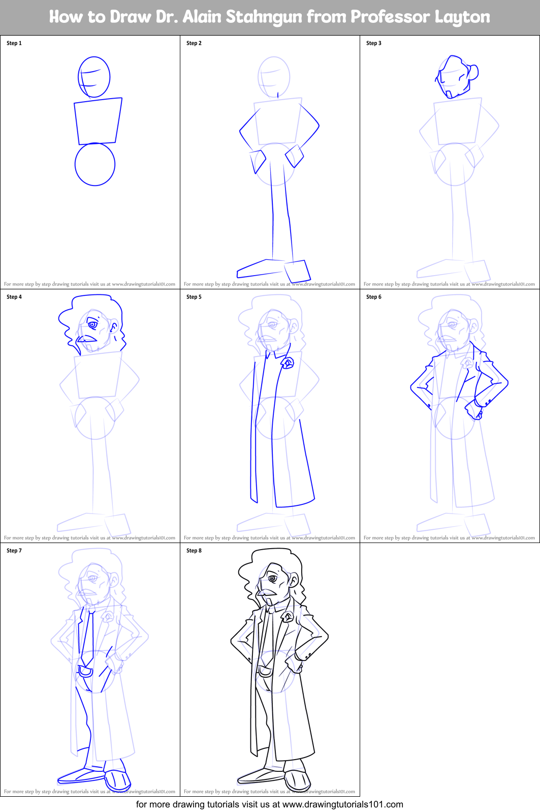 How to Draw Dr. Alain Stahngun from Professor Layton Printable Step by Step