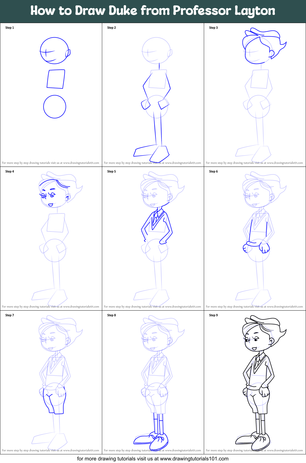 How to Draw Duke from Professor Layton Printable Step by Step