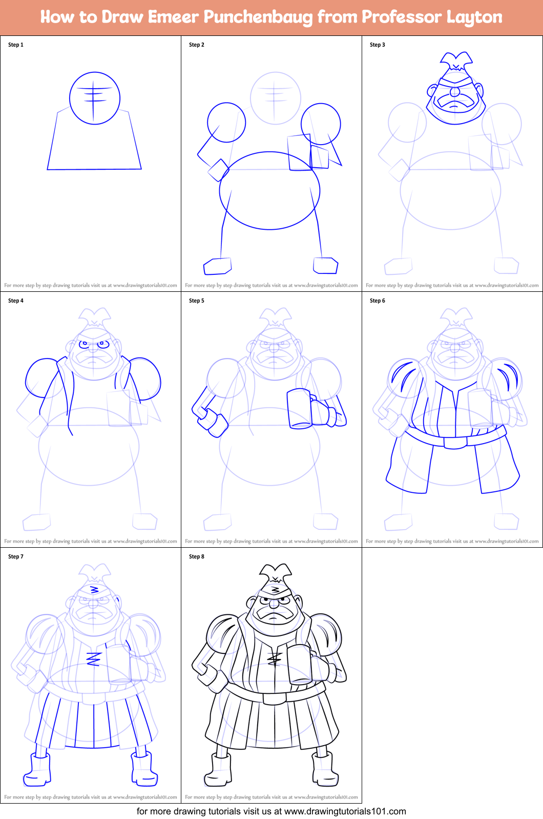 How to Draw Emeer Punchenbaug from Professor Layton Printable Step by Step