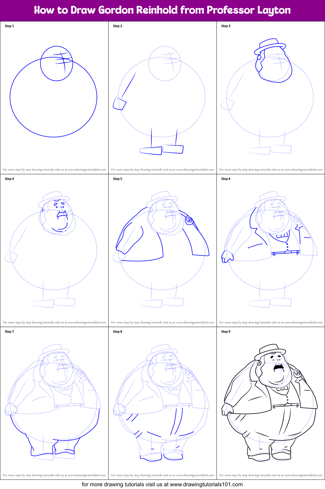 How to Draw Gordon Reinhold from Professor Layton Printable Step by Step