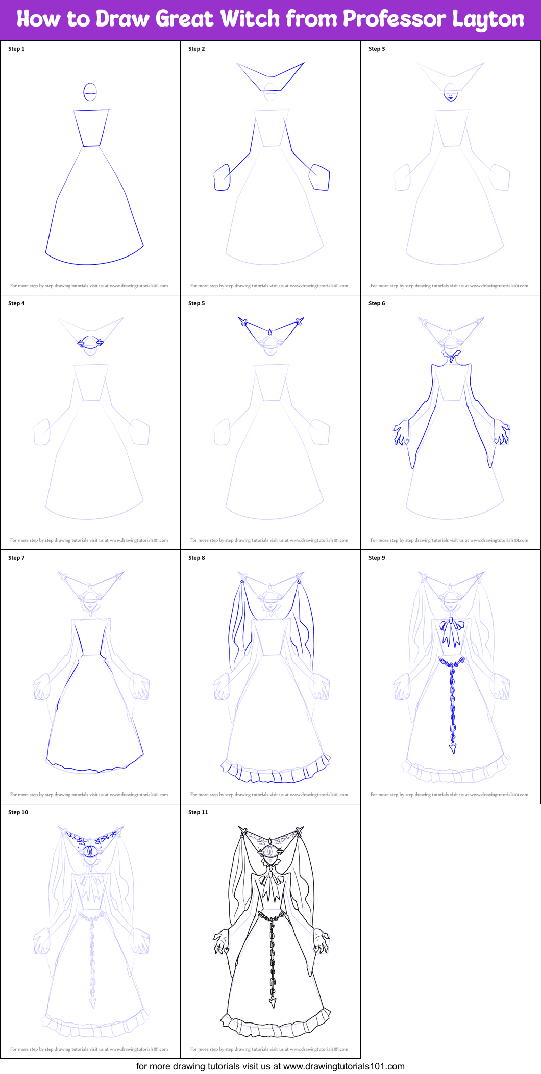 How to Draw Great Witch from Professor Layton Printable Step by Step