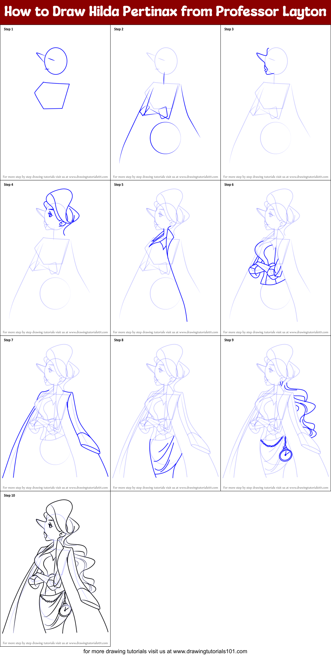 How to Draw Hilda Pertinax from Professor Layton Printable Step by Step