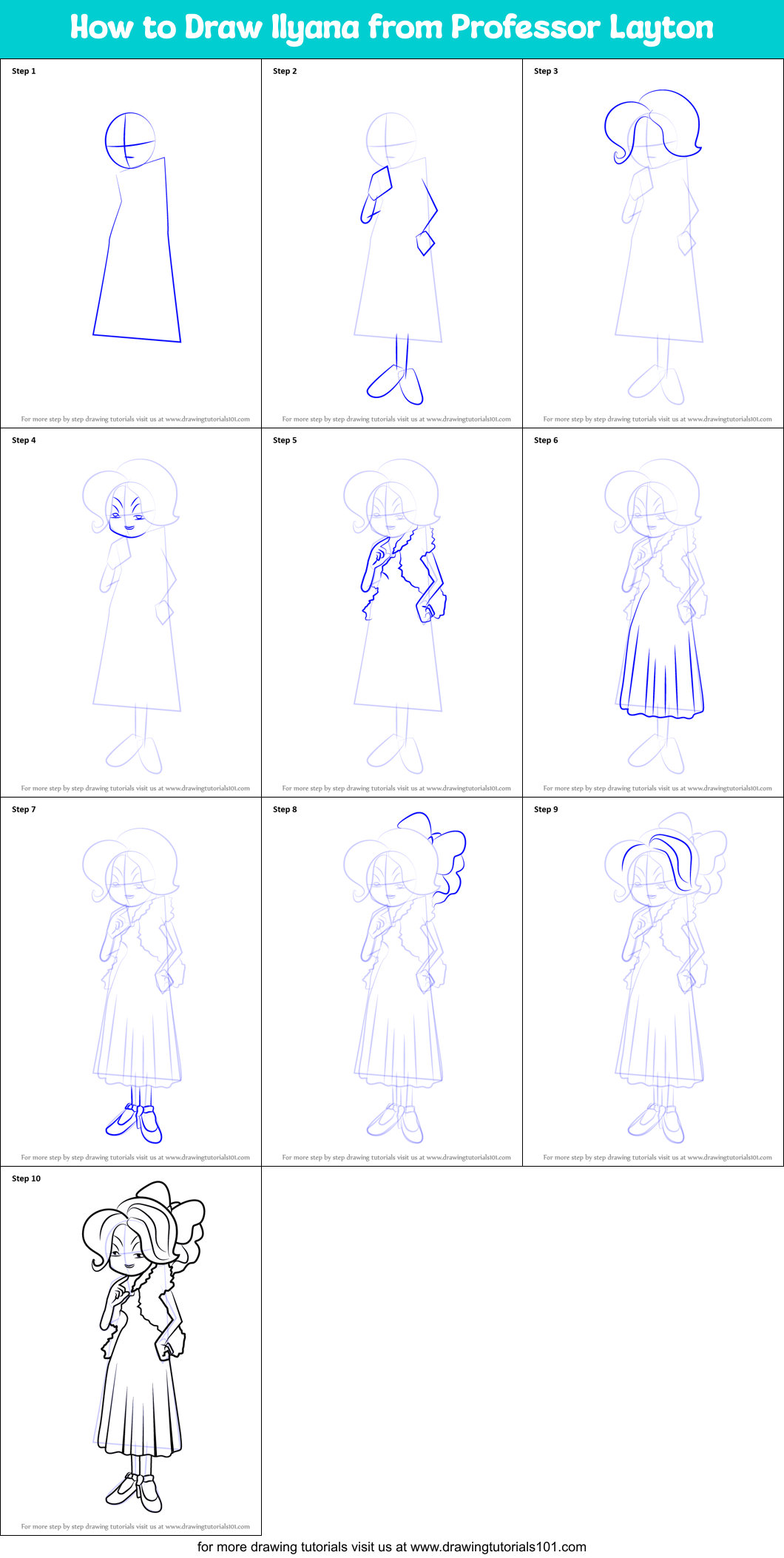 How to Draw Ilyana from Professor Layton Printable Step by Step