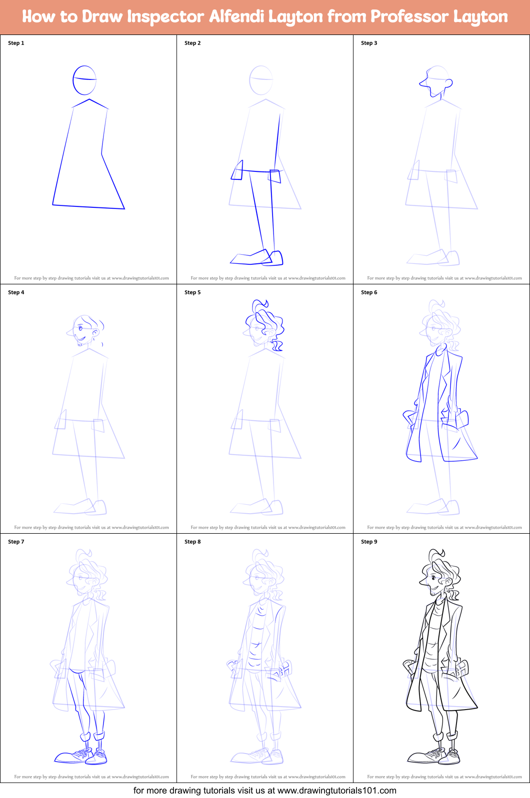How to Draw Inspector Alfendi Layton from Professor Layton Printable Step by Step