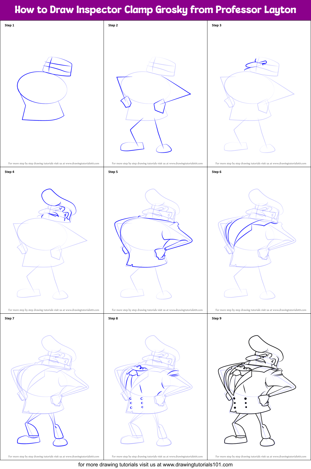 How to Draw Inspector Clamp Grosky from Professor Layton Printable Step by Step