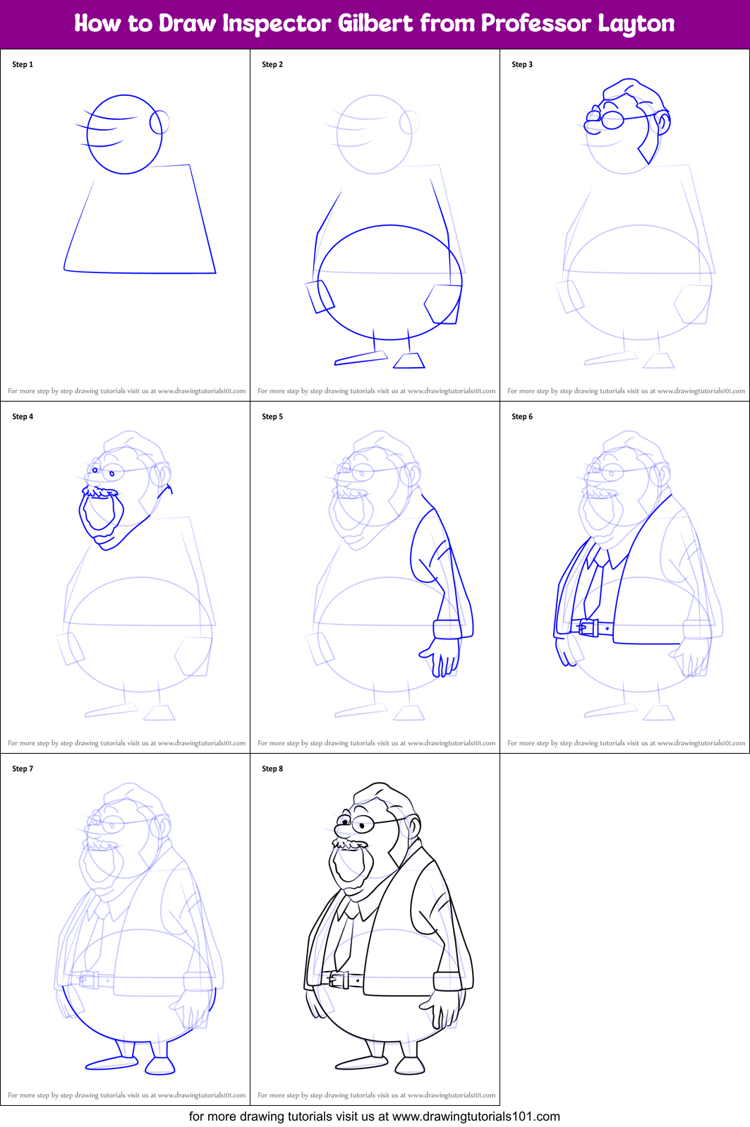 How to Draw Inspector Gilbert from Professor Layton Printable Step by Step