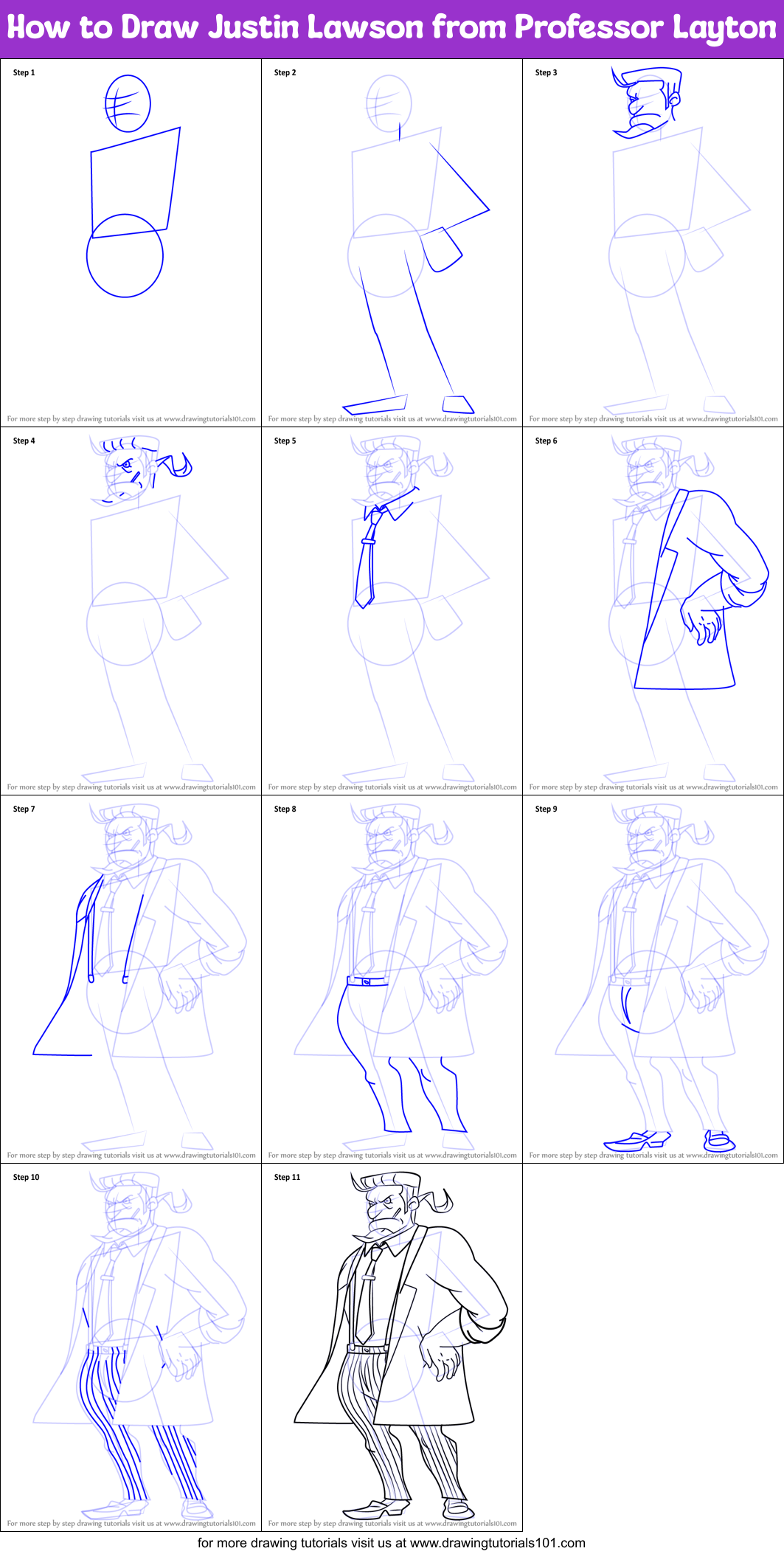 How to Draw Justin Lawson from Professor Layton Printable Step by Step
