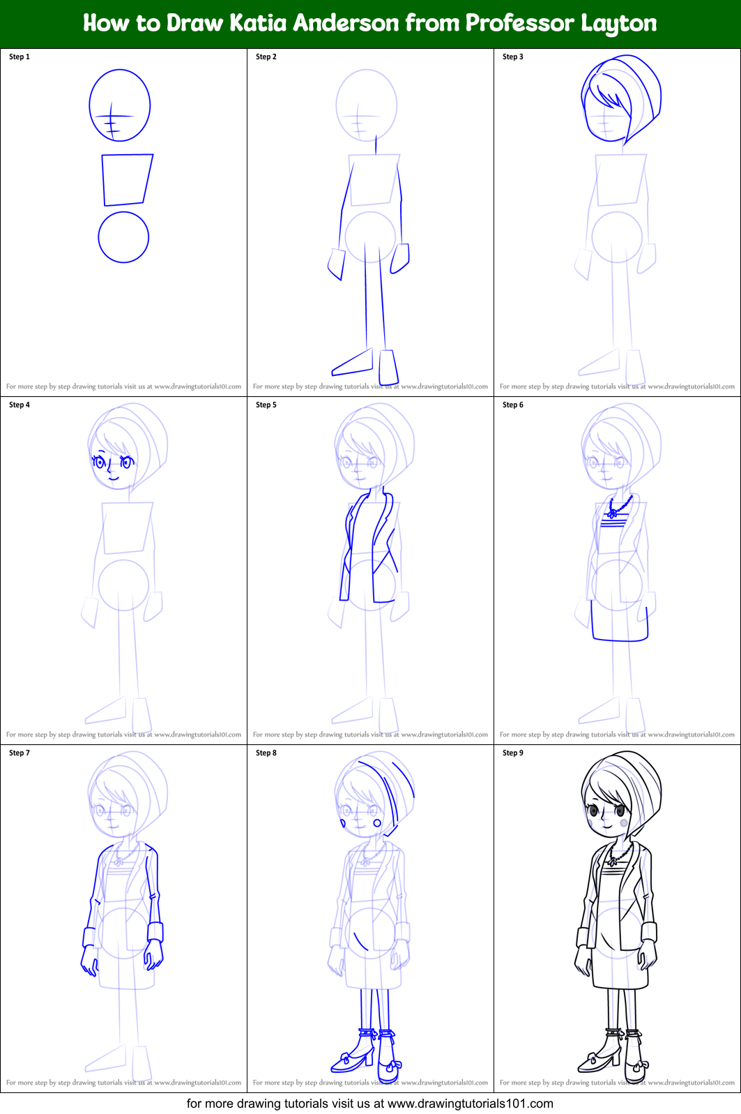 How to Draw Katia Anderson from Professor Layton Printable Step by Step