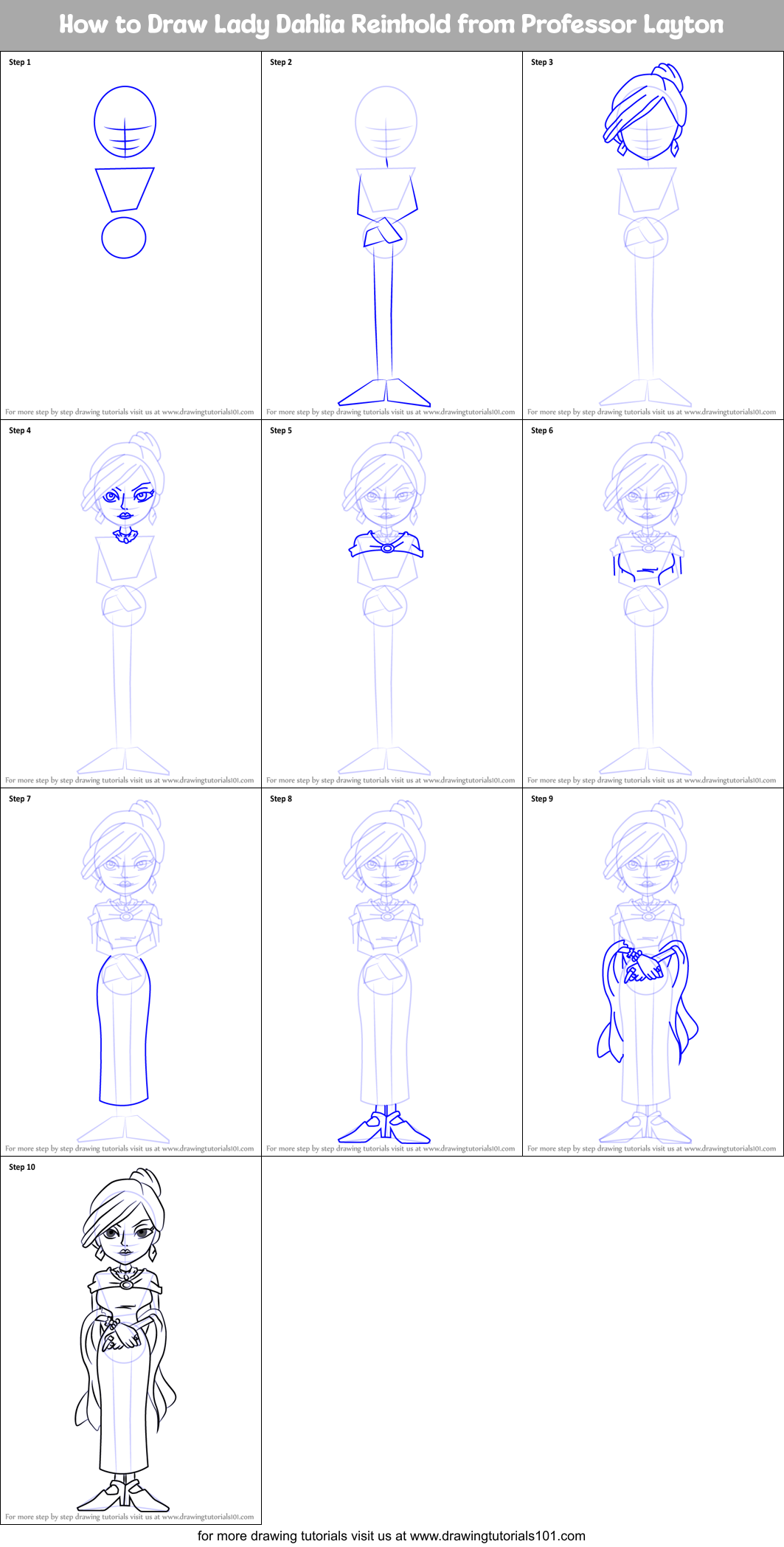How to Draw Lady Dahlia Reinhold from Professor Layton Printable Step by Step