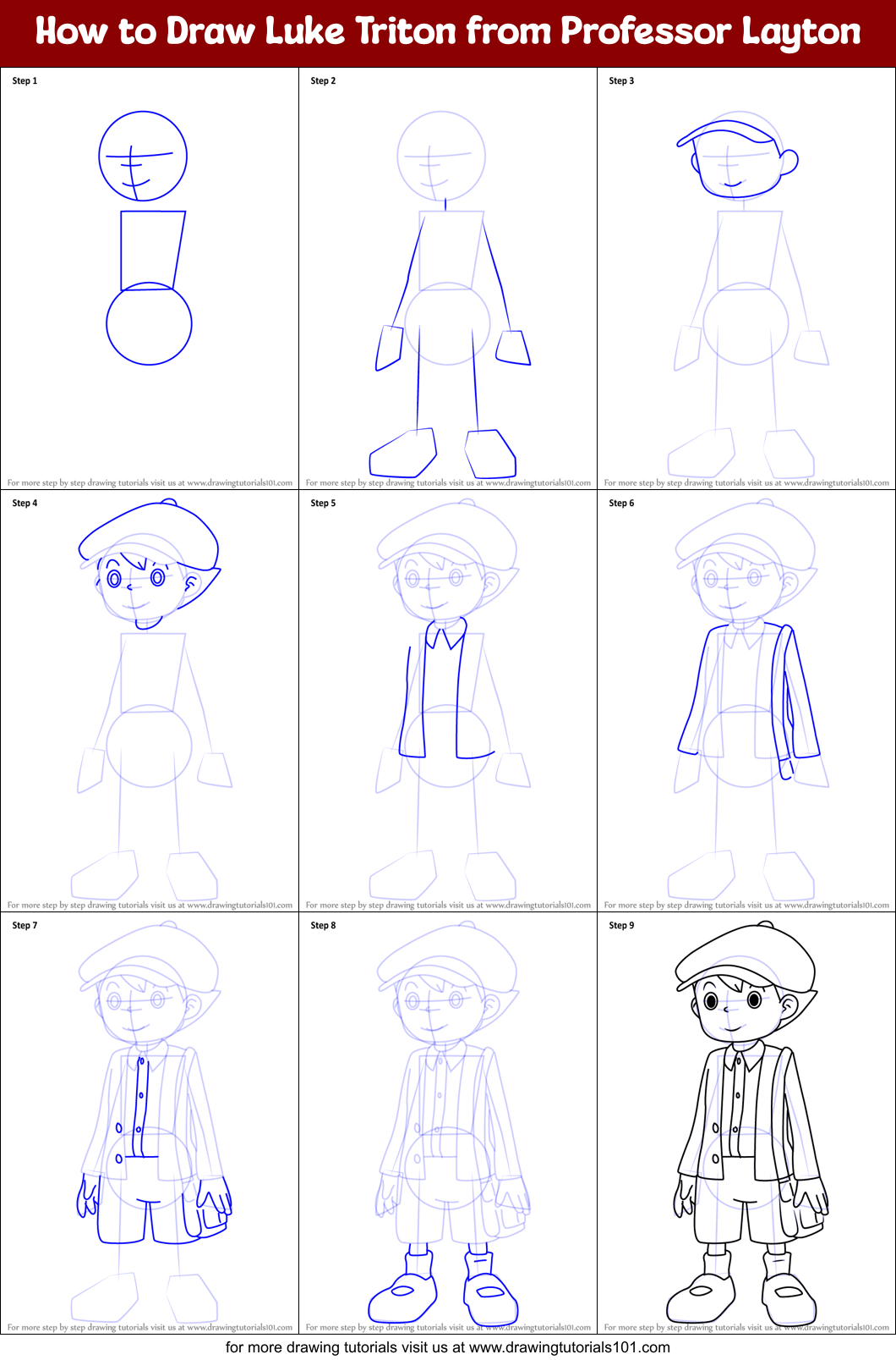 How to Draw Luke Triton from Professor Layton Printable Step by Step