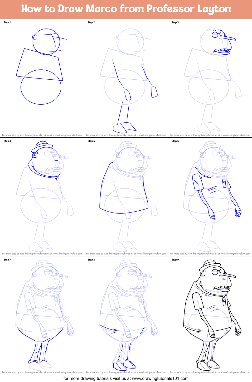 How to Draw Marco from Professor Layton Printable Step by Step