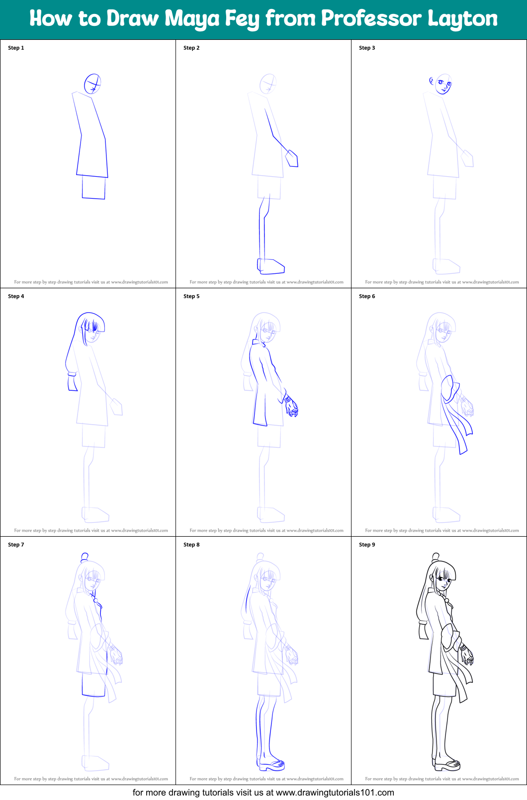 How to Draw Maya Fey from Professor Layton Printable Step by Step