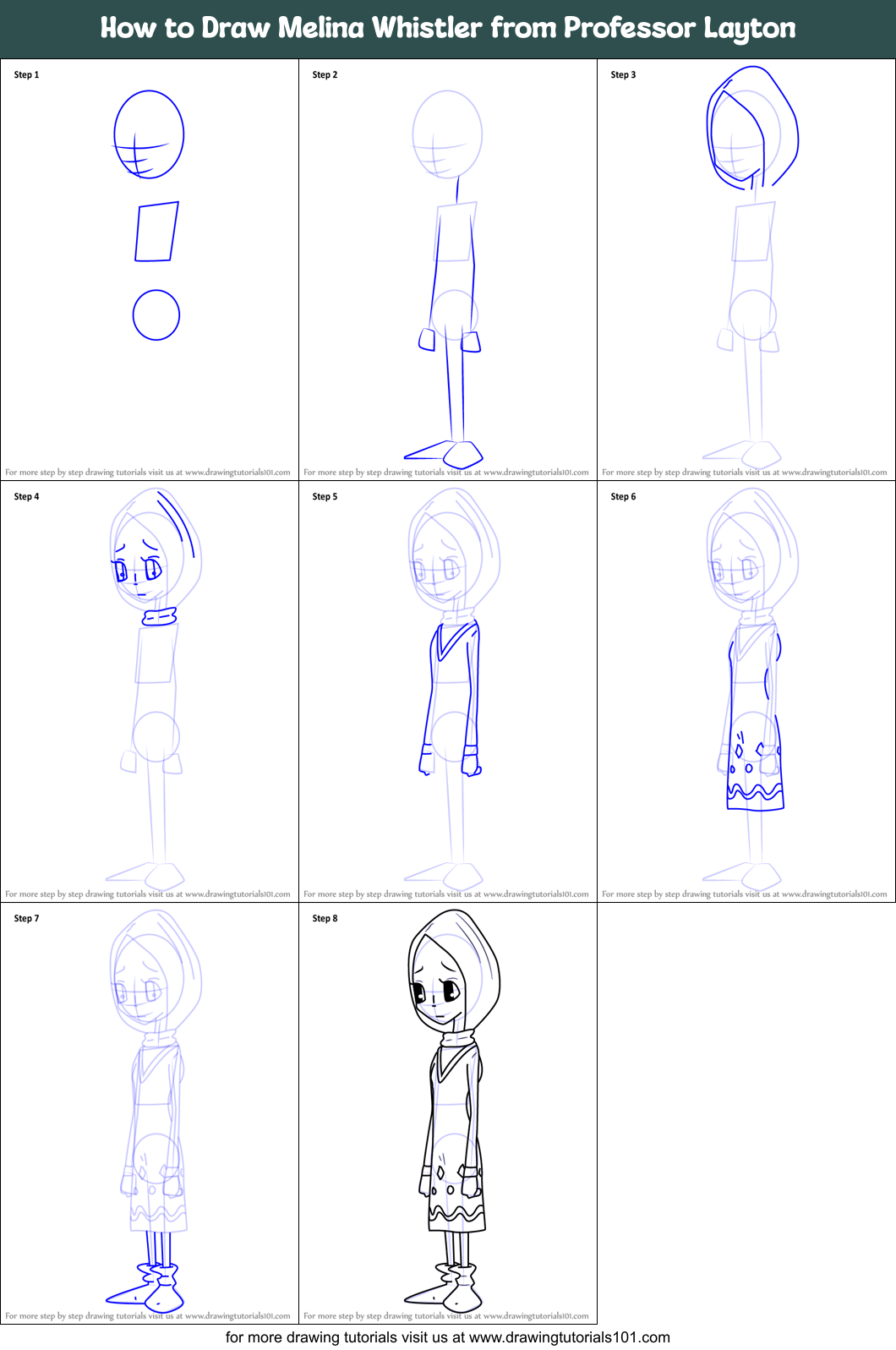 How to Draw Melina Whistler from Professor Layton Printable Step by Step