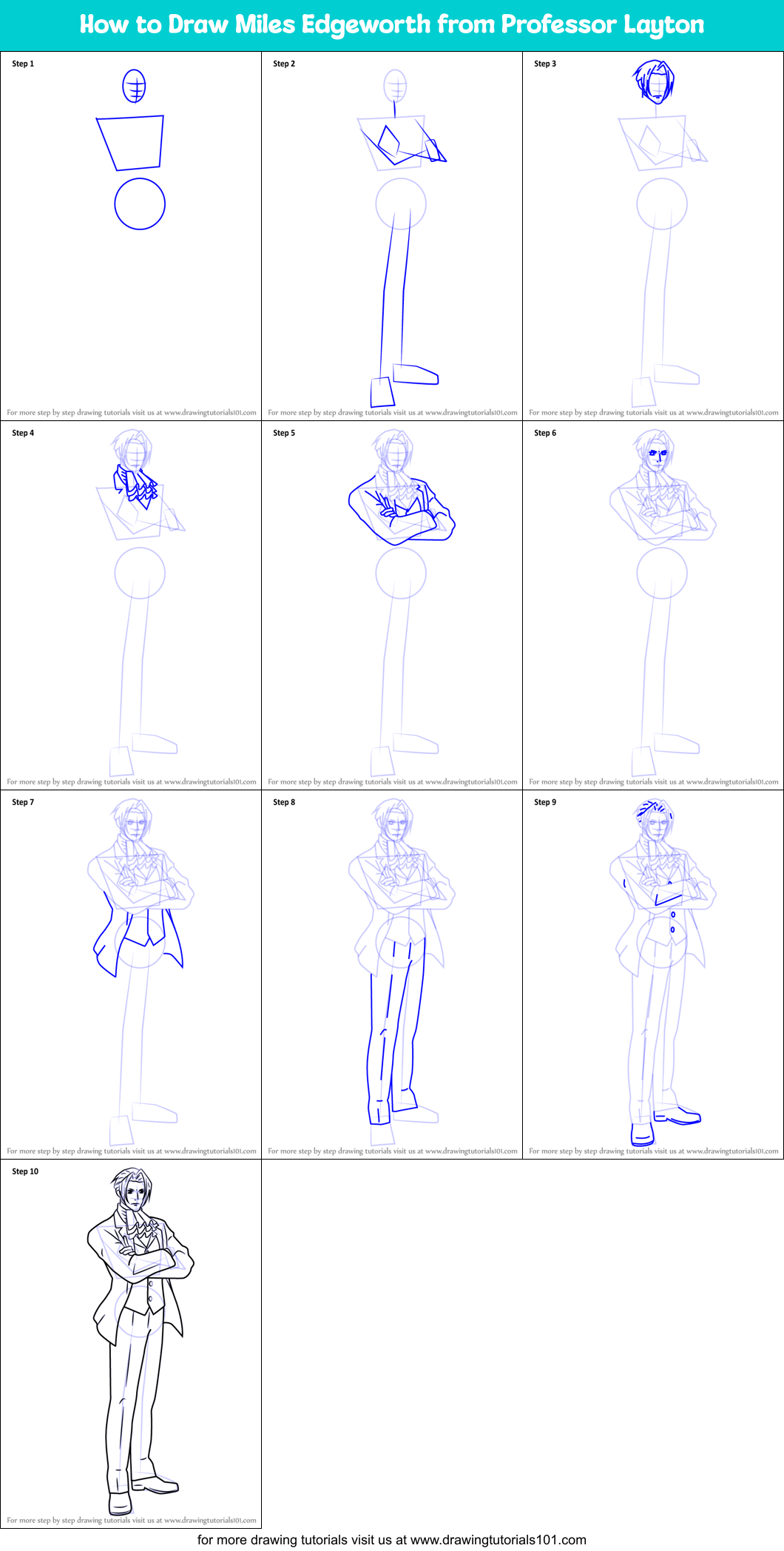 How to Draw Miles Edgeworth from Professor Layton Printable Step by Step