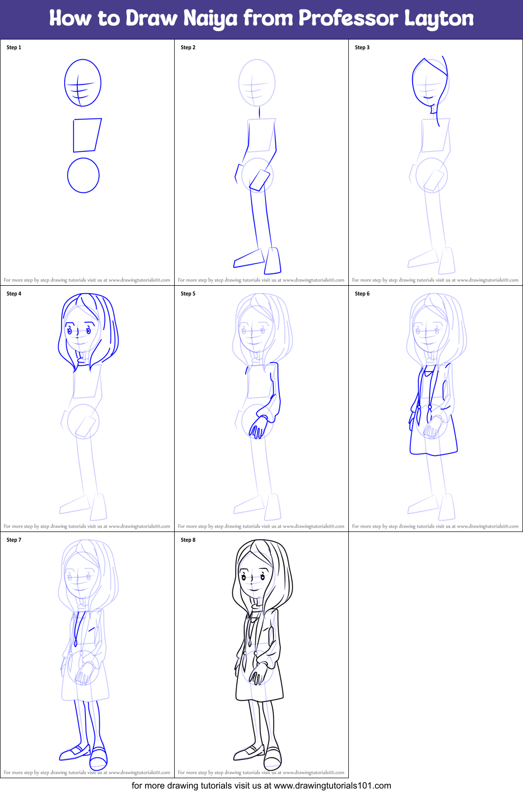 How to Draw Naiya from Professor Layton Printable Step by Step