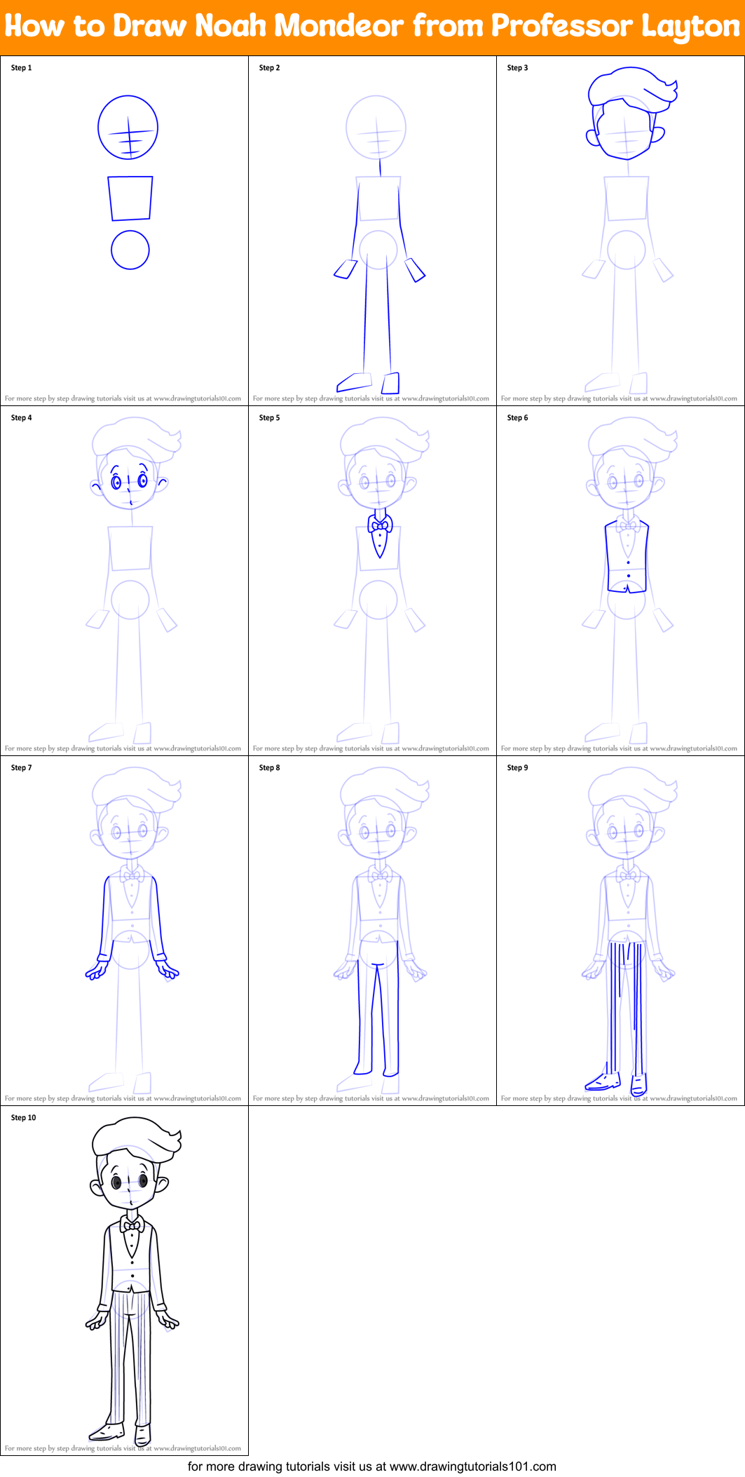 How to Draw Noah Mondeor from Professor Layton Printable Step by Step
