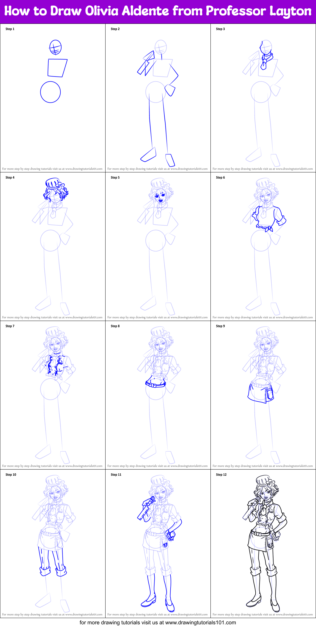 How to Draw Olivia Aldente from Professor Layton Printable Step by Step