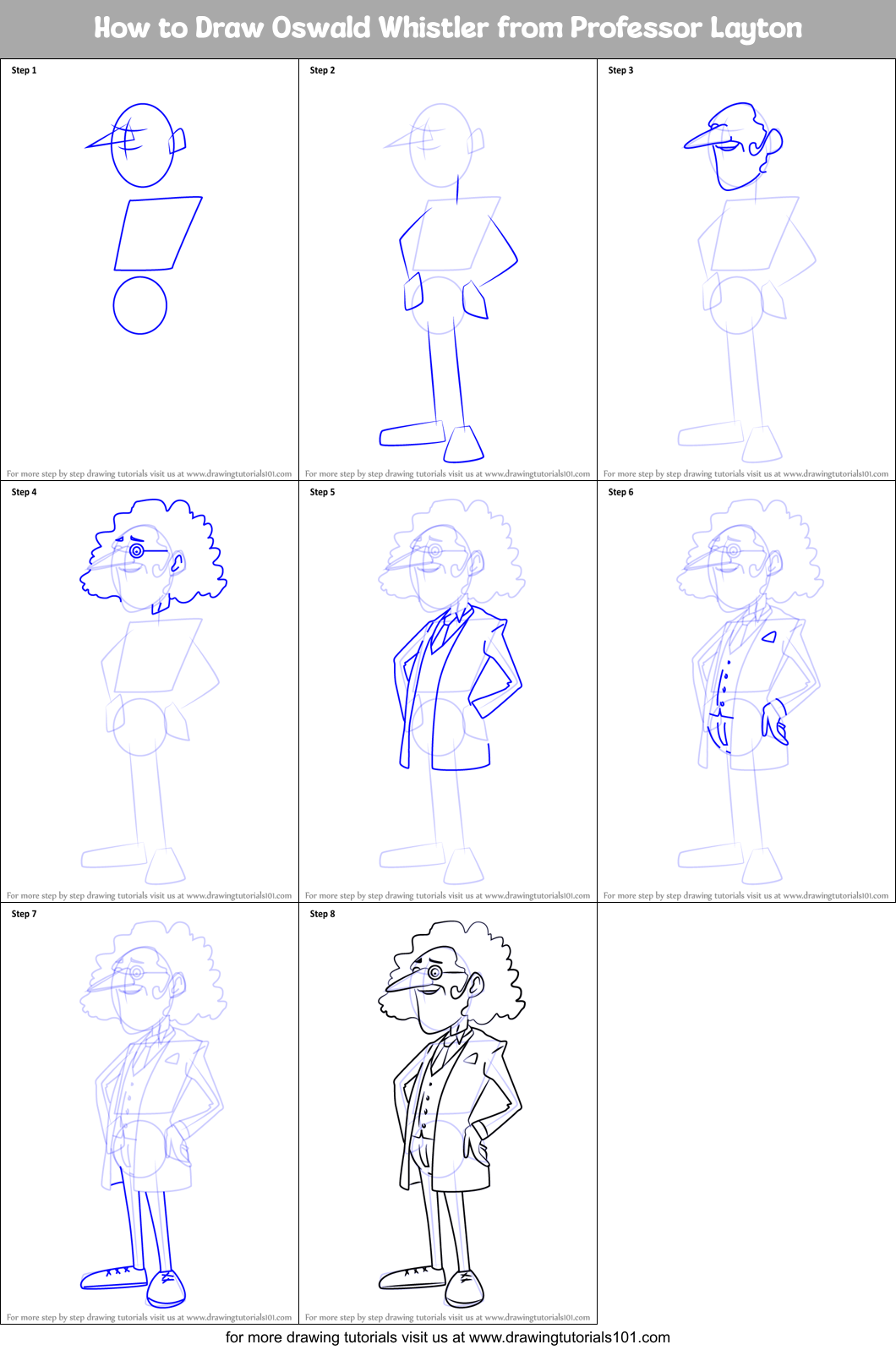 How to Draw Oswald Whistler from Professor Layton Printable Step by Step