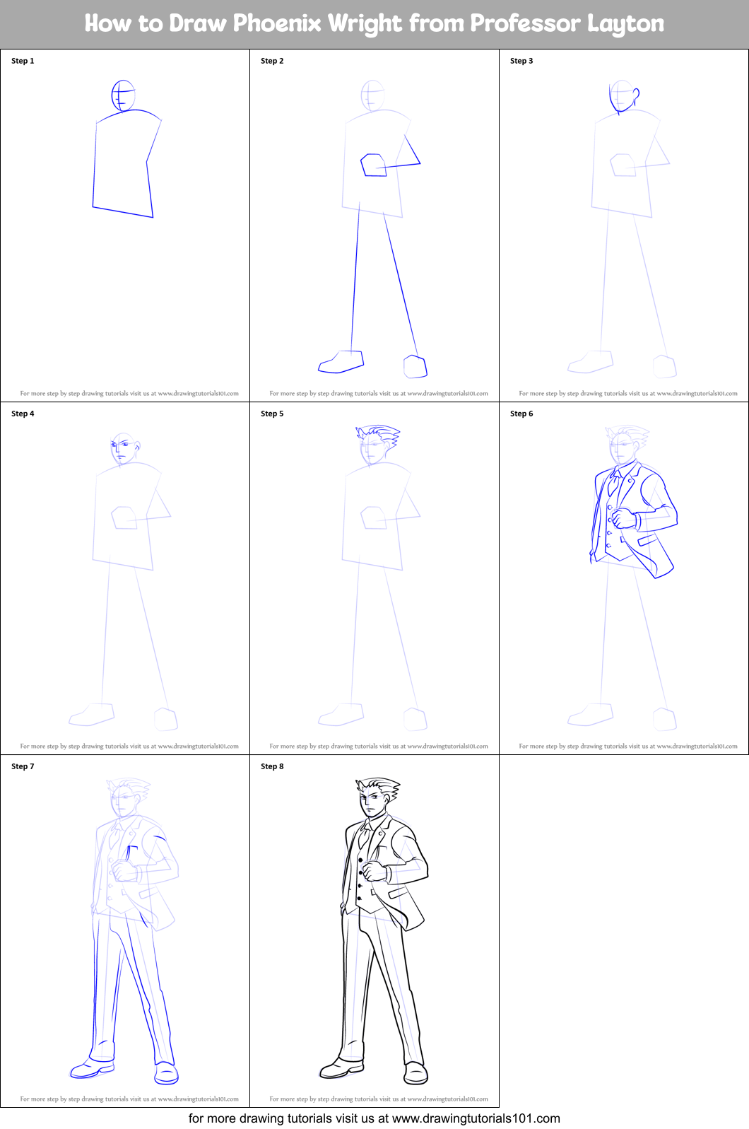 How to Draw Phoenix Wright from Professor Layton Printable Step by Step
