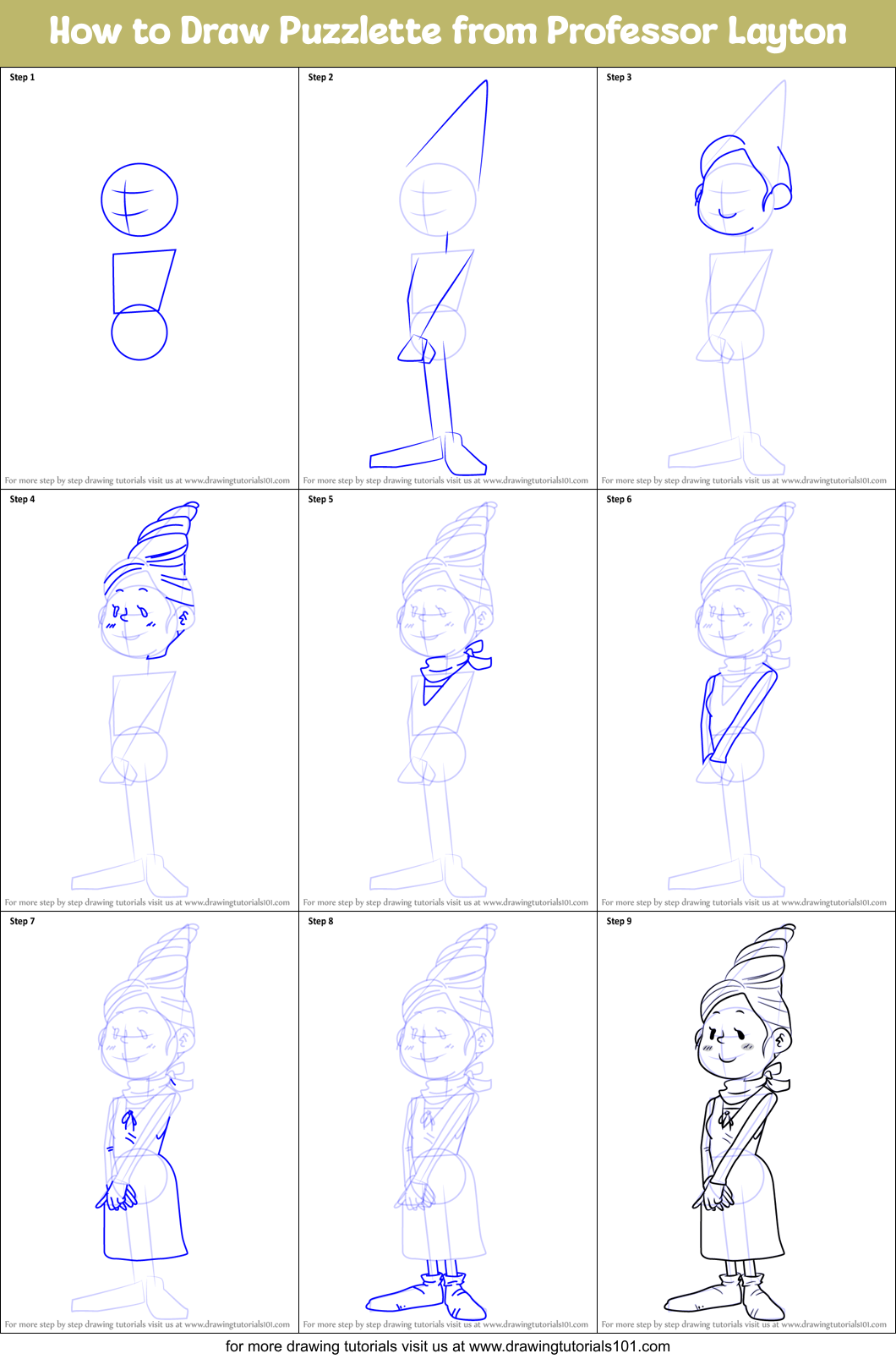 How to Draw Puzzlette from Professor Layton Printable Step by Step