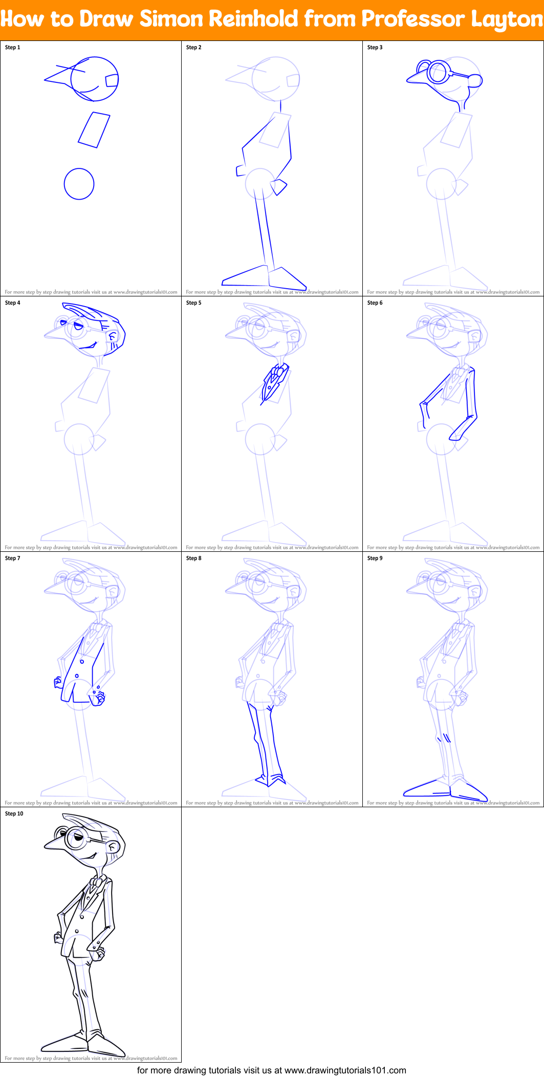 How to Draw Simon Reinhold from Professor Layton Printable Step by Step