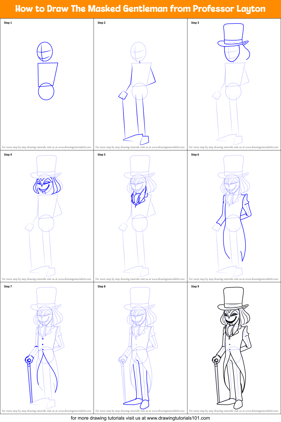 How to Draw The Masked Gentleman from Professor Layton Printable Step by Step