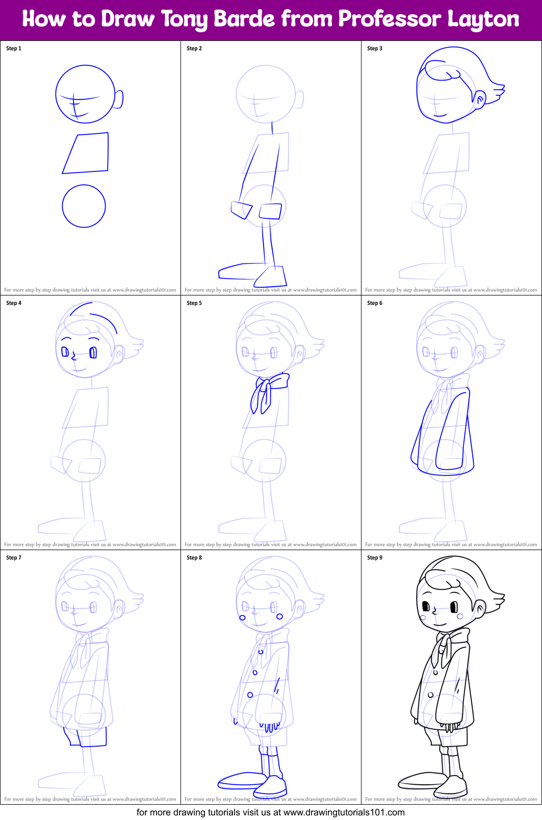 How to Draw Tony Barde from Professor Layton Printable Step by Step