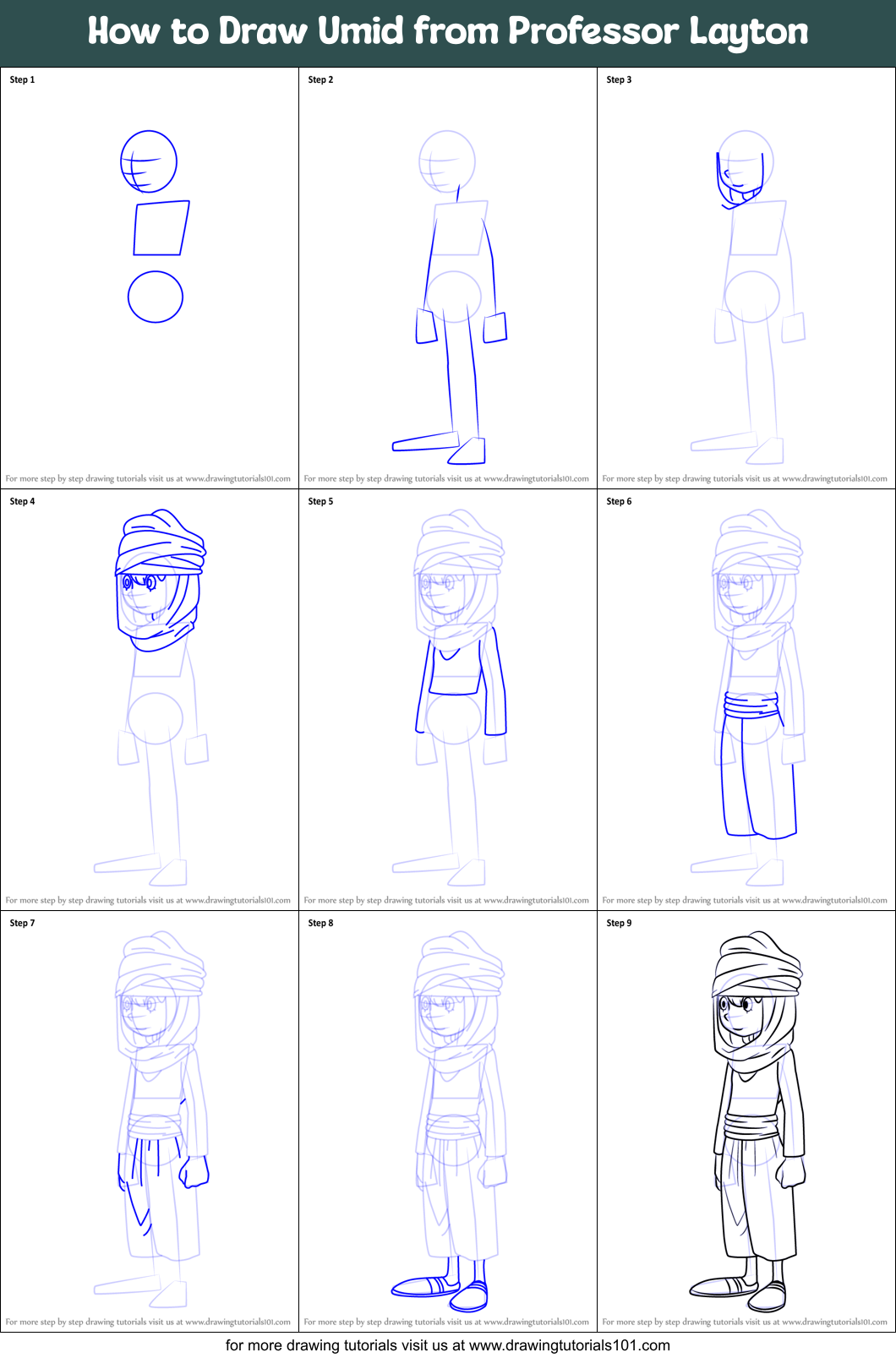 How to Draw Umid from Professor Layton Printable Step by Step