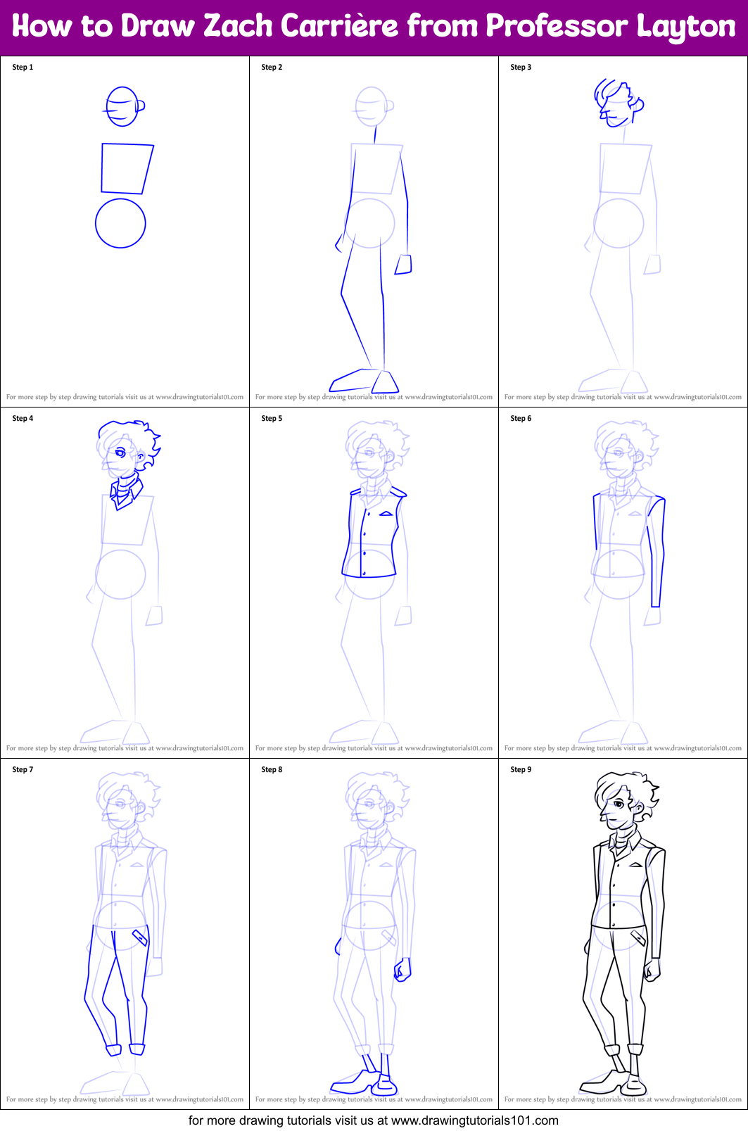 How to Draw Zach Carrière from Professor Layton Printable Step by Step