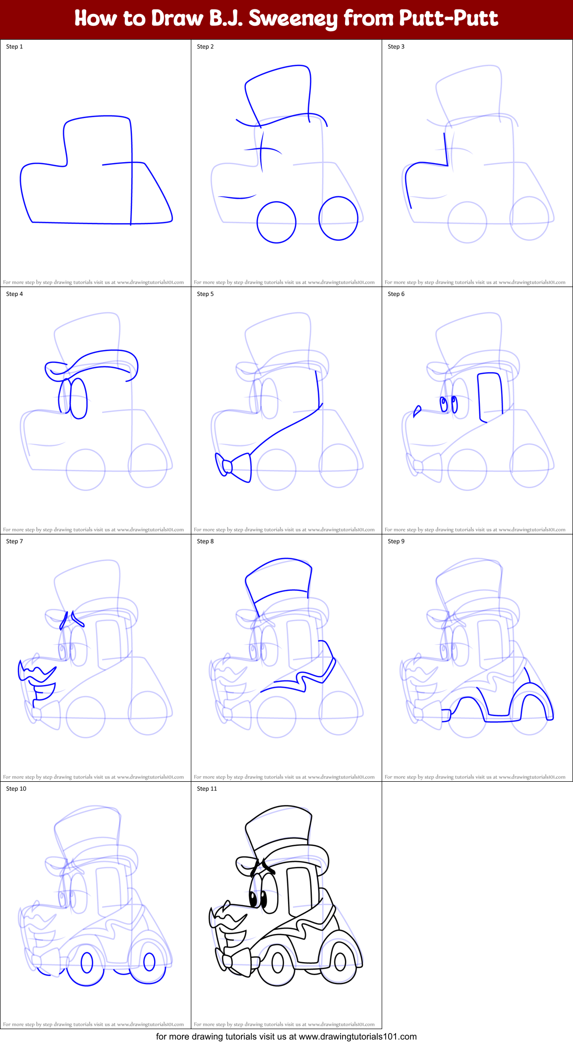 How to Draw B.J. Sweeney from Putt-Putt Printable Step by Step