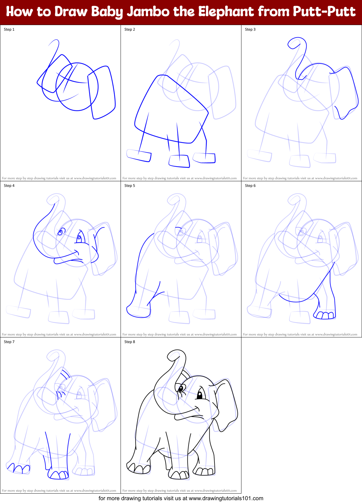 How to Draw Baby Jambo the Elephant from Putt-Putt Printable Step by Step