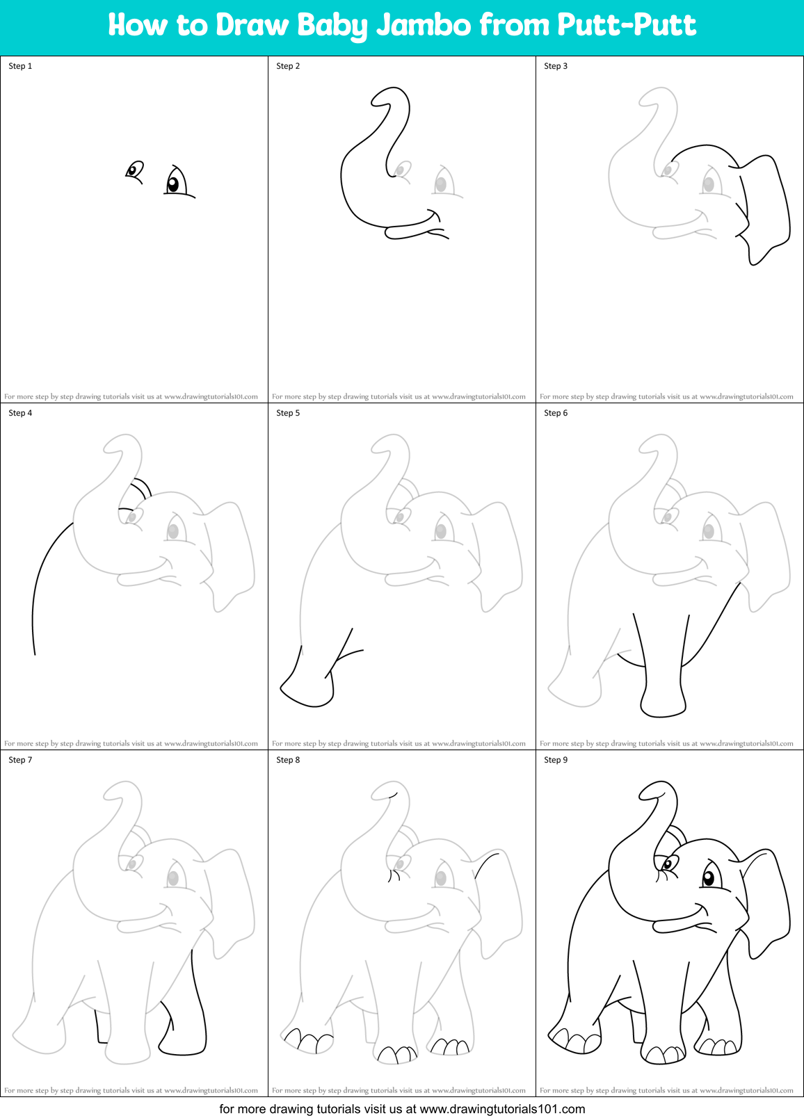 How to Draw Baby Jambo from Putt-Putt Printable Step by Step
