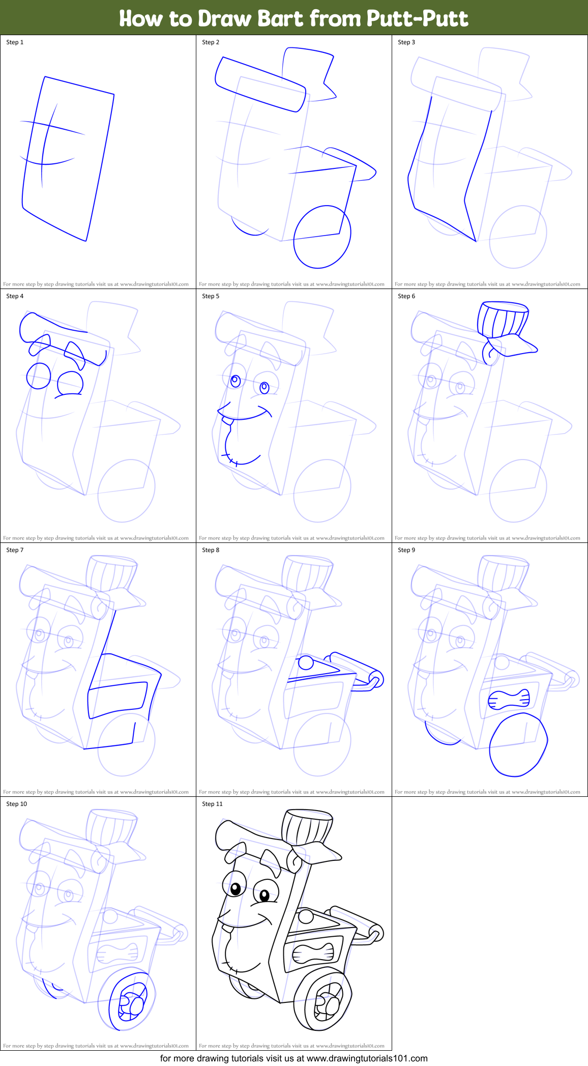 How to Draw Bart from Putt-Putt Printable Step by Step