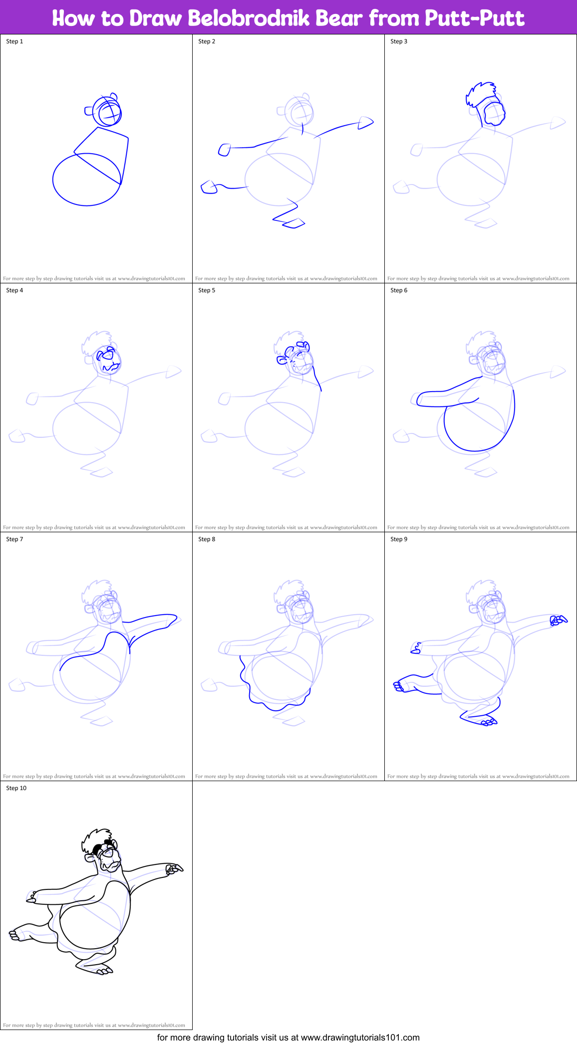 How to Draw Belobrodnik Bear from Putt-Putt Printable Step by Step