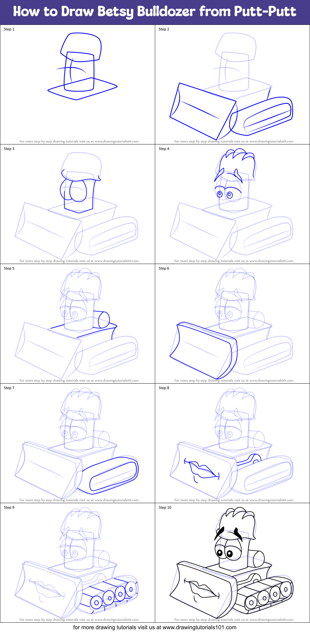 How to Draw Betsy Bulldozer from Putt-Putt Printable Step by Step