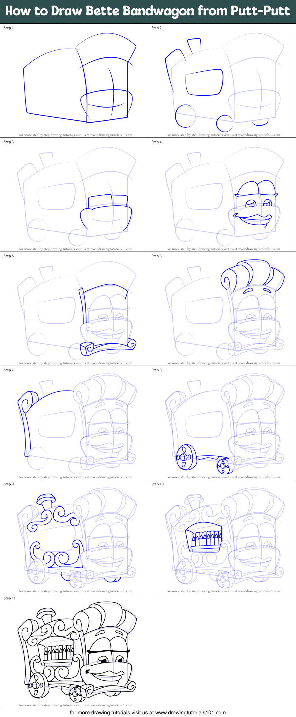 How to Draw Bette Bandwagon from Putt-Putt Printable Step by Step