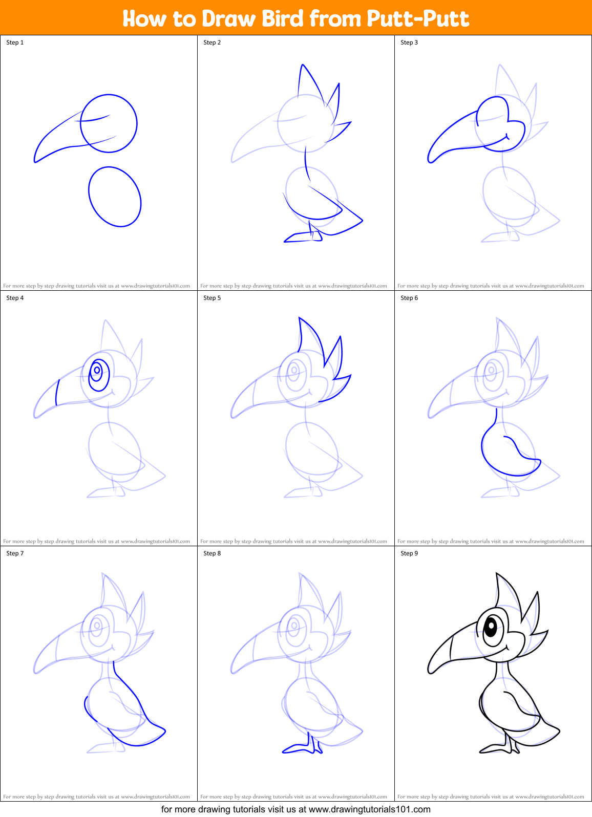 How to Draw Bird from Putt-Putt Printable Step by Step