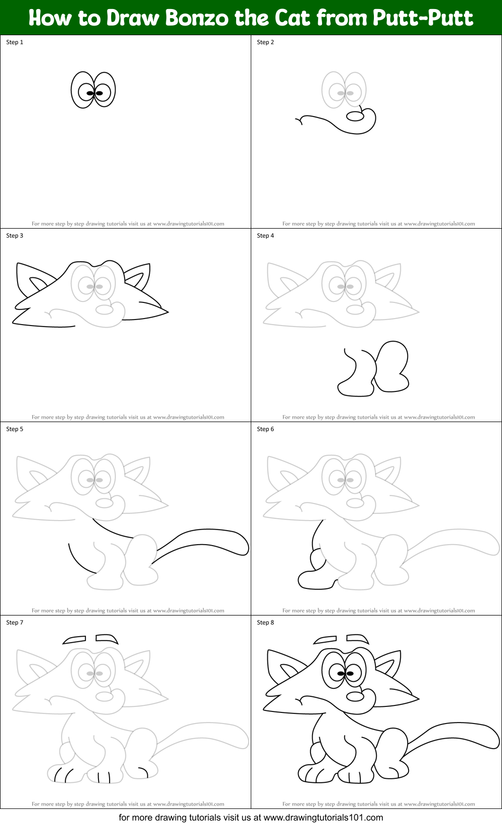 How to Draw Bonzo the Cat from Putt-Putt Printable Step by Step