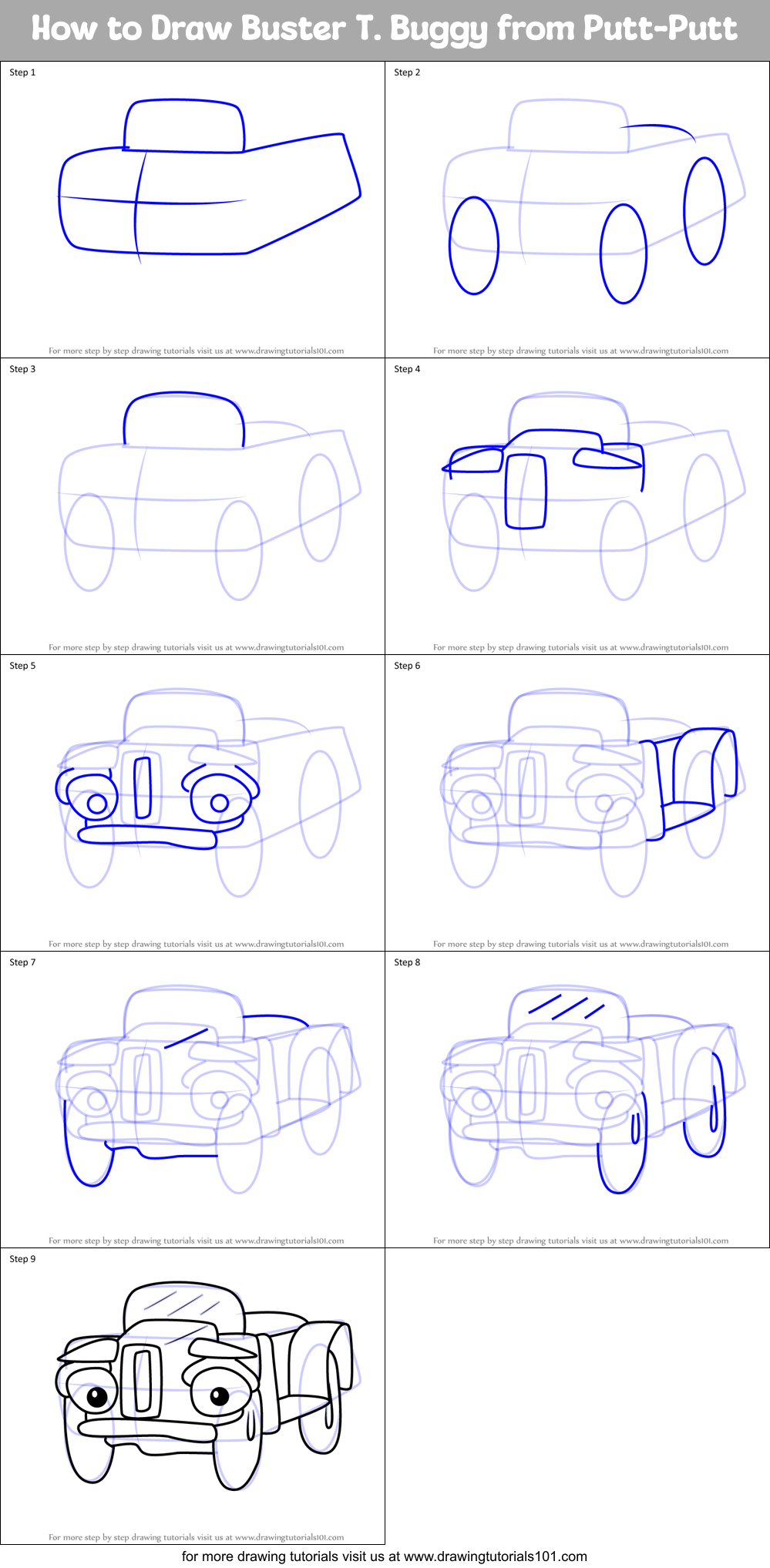 How to Draw Buster T. Buggy from Putt-Putt Printable Step by Step