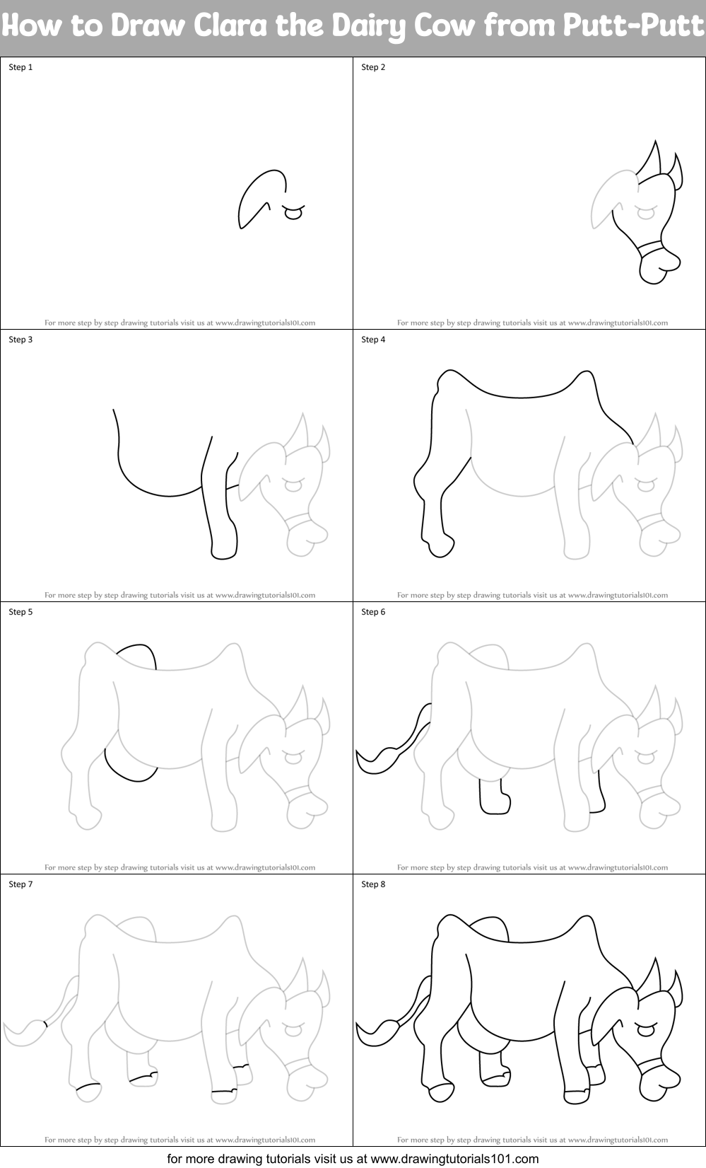 How to Draw Clara the Dairy Cow from Putt-Putt Printable Step by Step