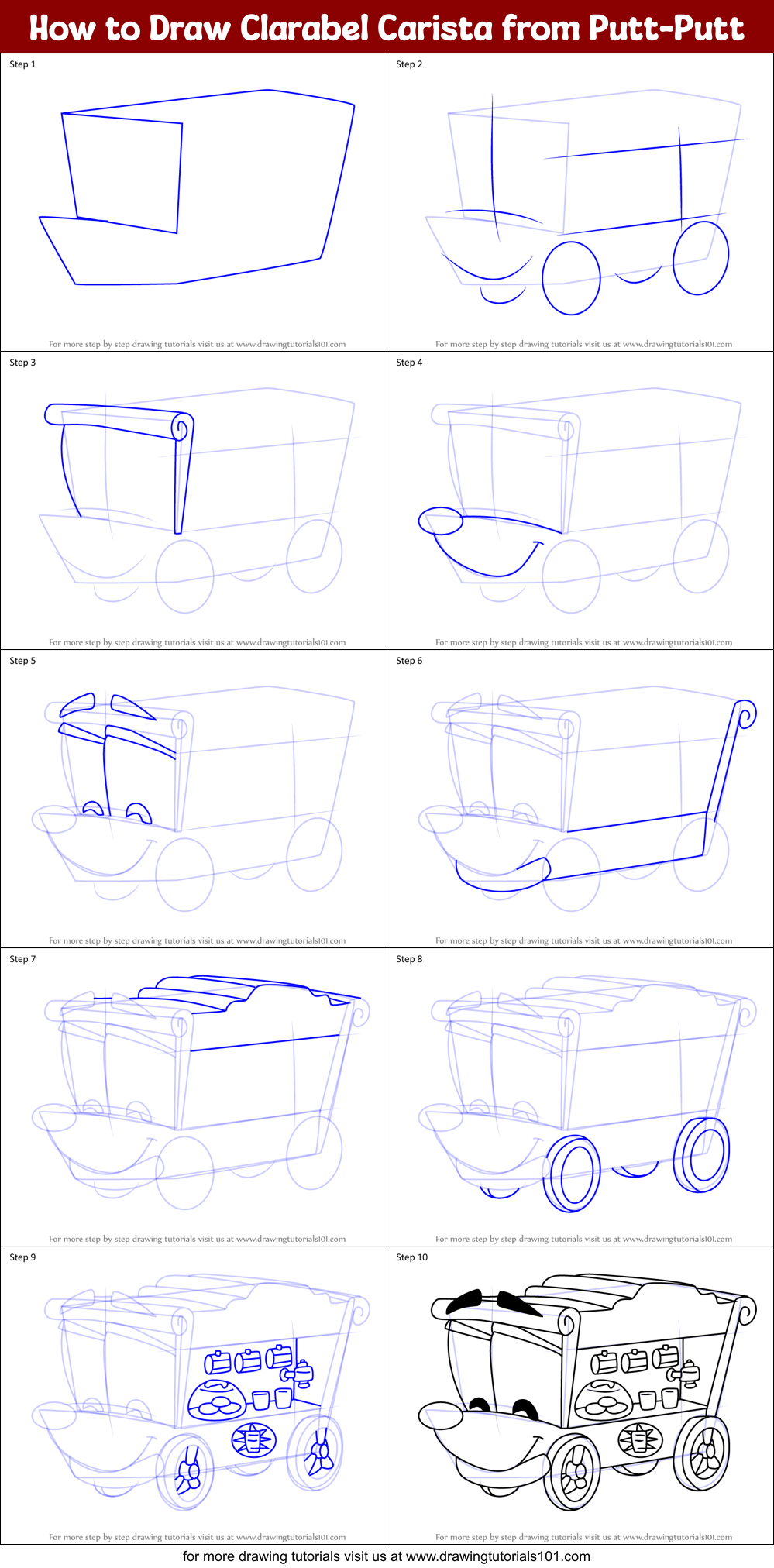 How to Draw Clarabel Carista from Putt-Putt Printable Step by Step
