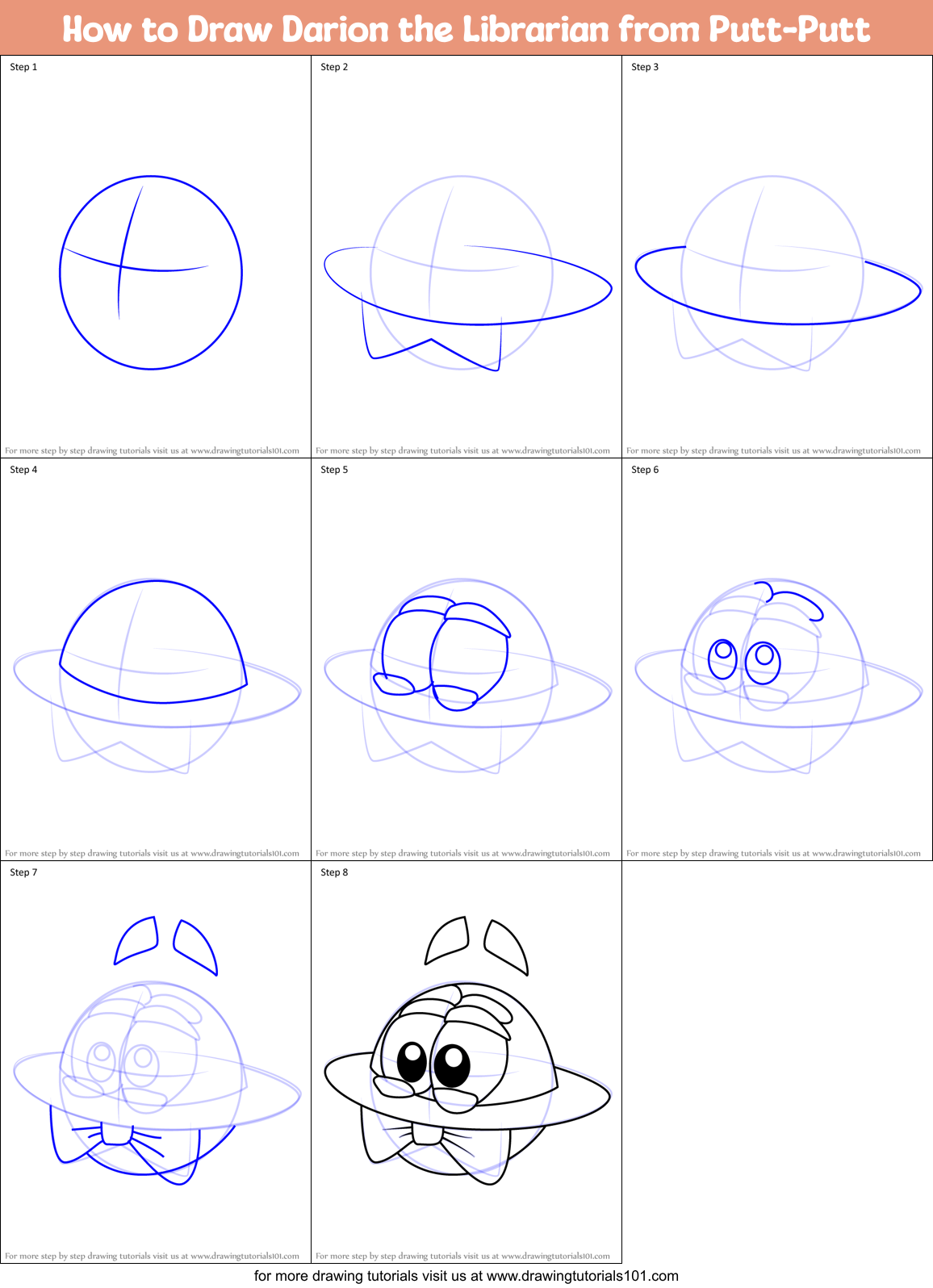 How to Draw Darion the Librarian from Putt-Putt Printable Step by Step