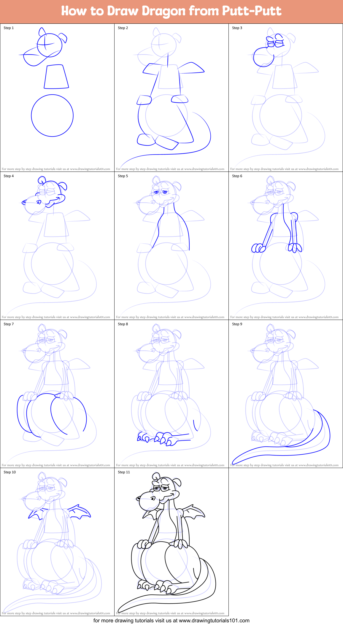 How to Draw Dragon from Putt-Putt Printable Step by Step