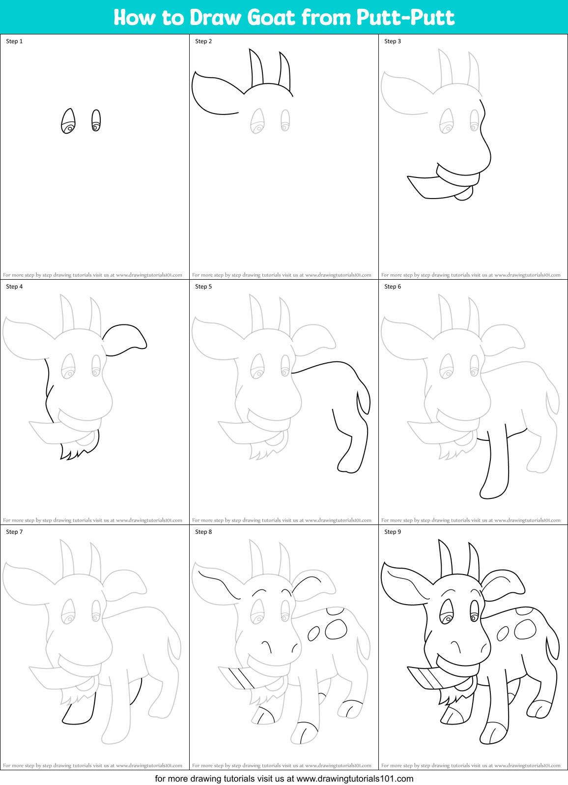 How to Draw Goat from Putt-Putt Printable Step by Step