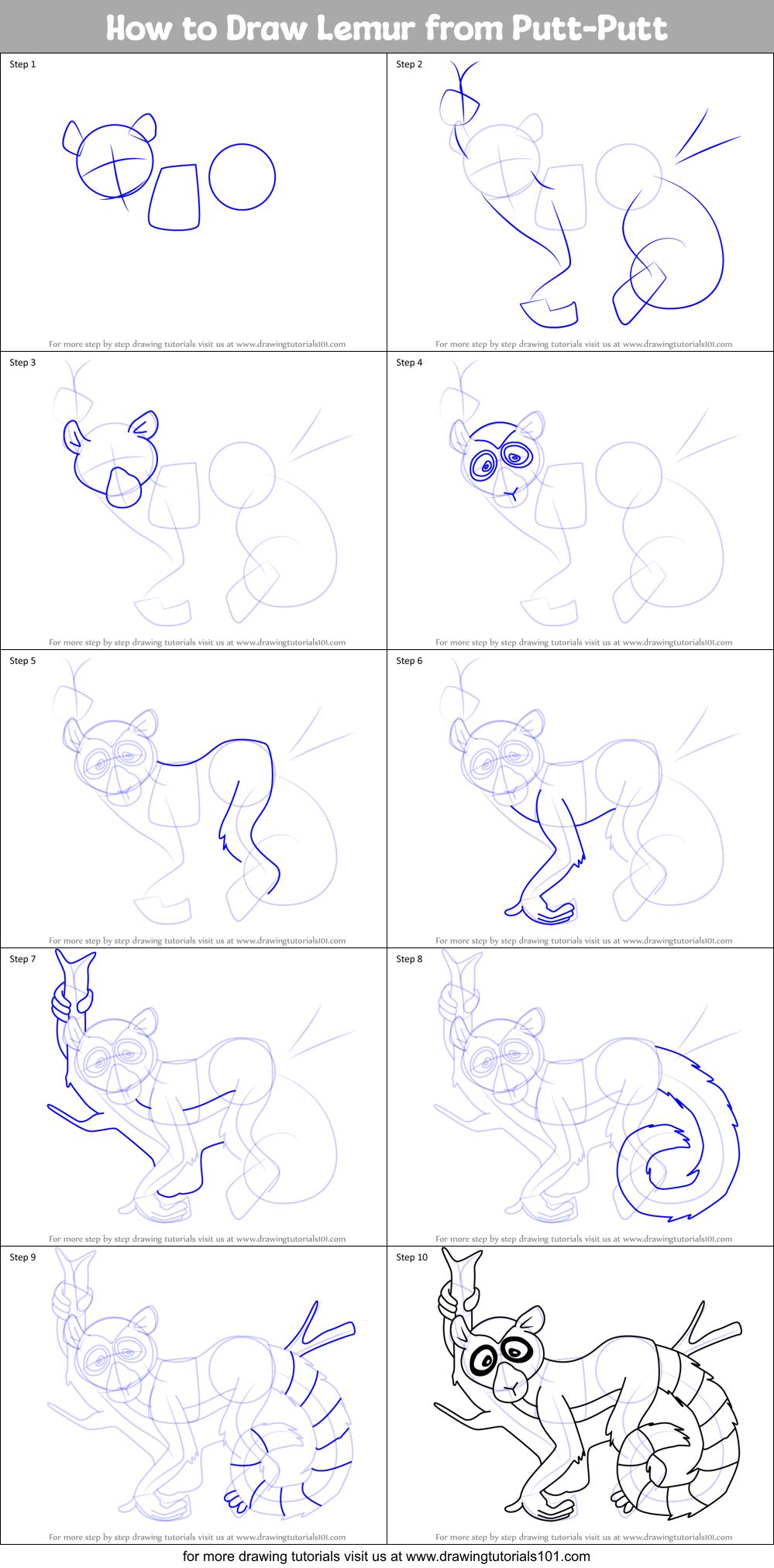 How to Draw Lemur from Putt-Putt Printable Step by Step