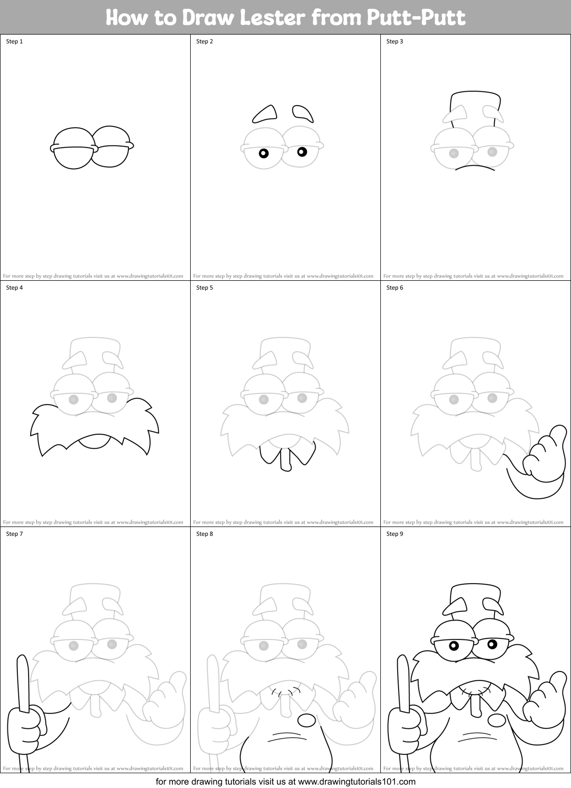 How to Draw Lester from Putt-Putt Printable Step by Step