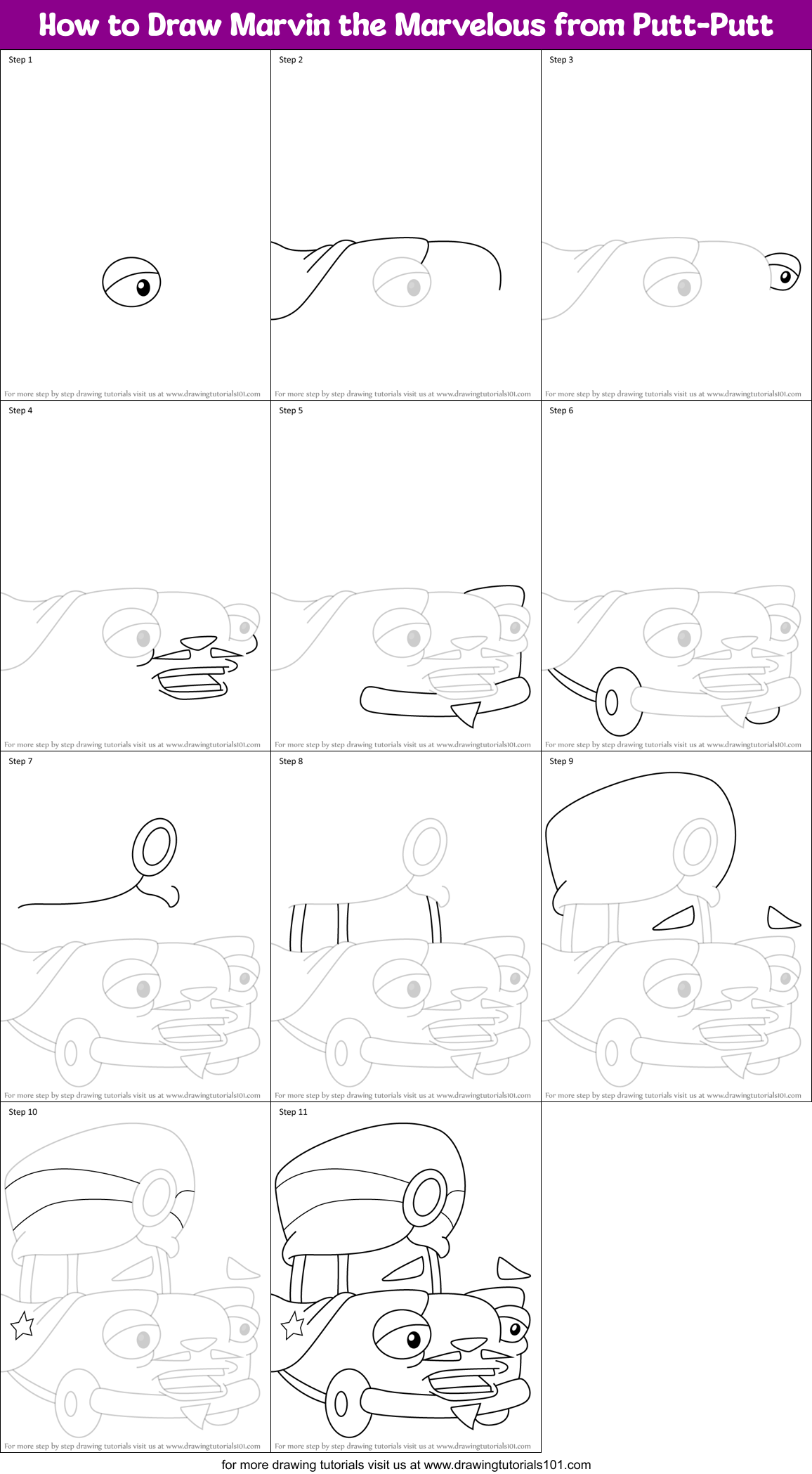 How to Draw Marvin the Marvelous from Putt-Putt Printable Step by Step