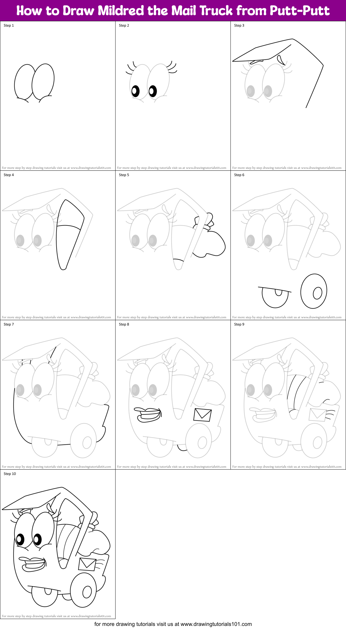 How to Draw Mildred the Mail Truck from Putt-Putt Printable Step by Step
